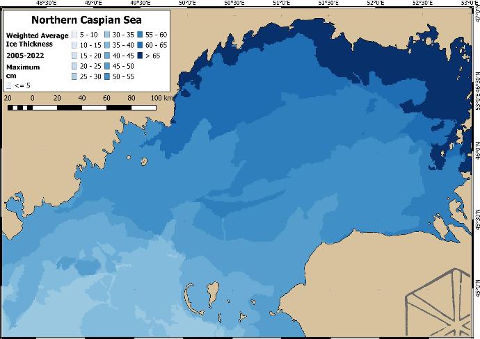 Maximum ice thickness distribution over Caspian Sea